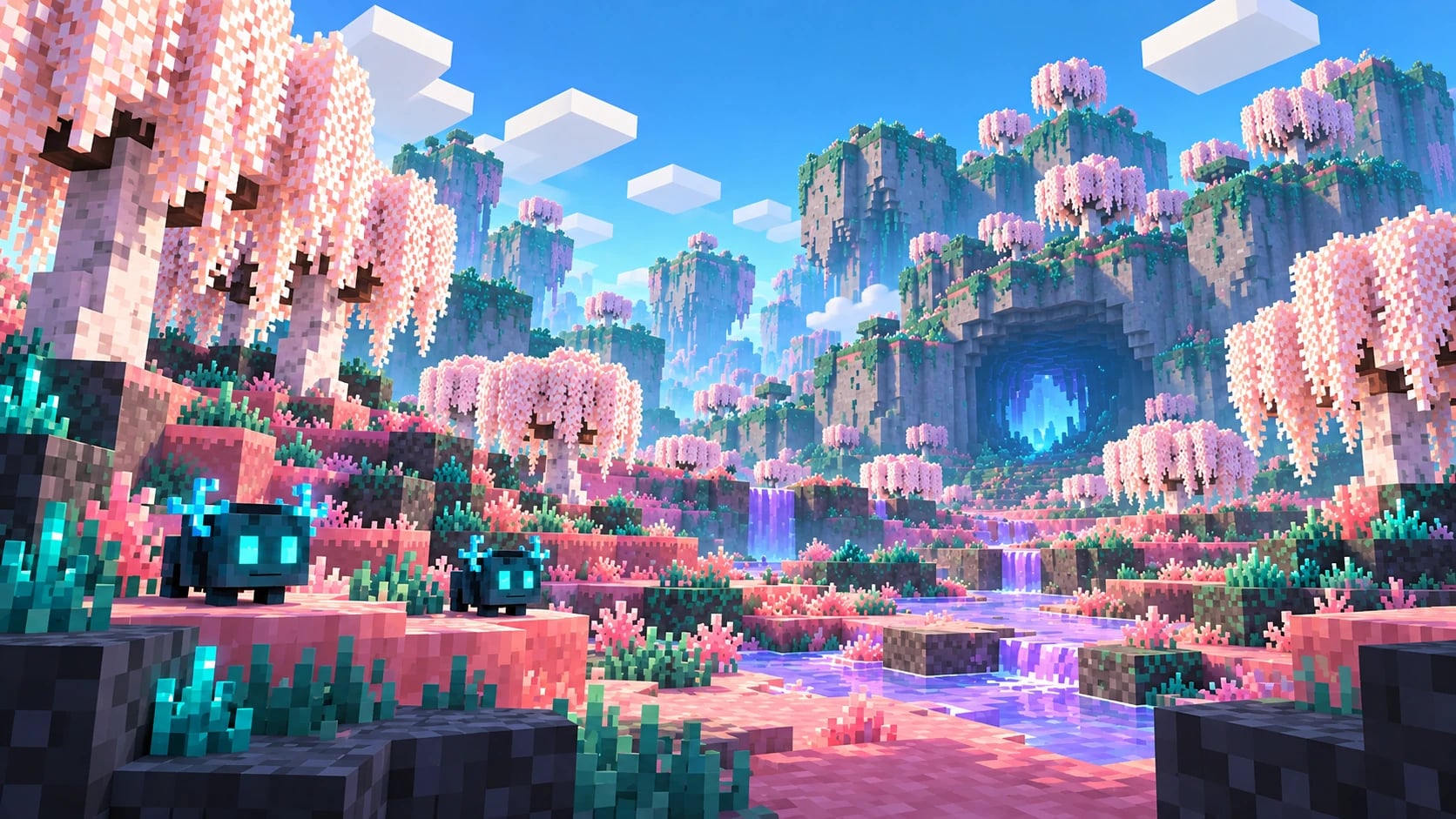 Arte conceitual dos biomas da Sift: um vale com salgueiros brancos, chão rosa, água lilás e formações rochosas cobertas de sculk.